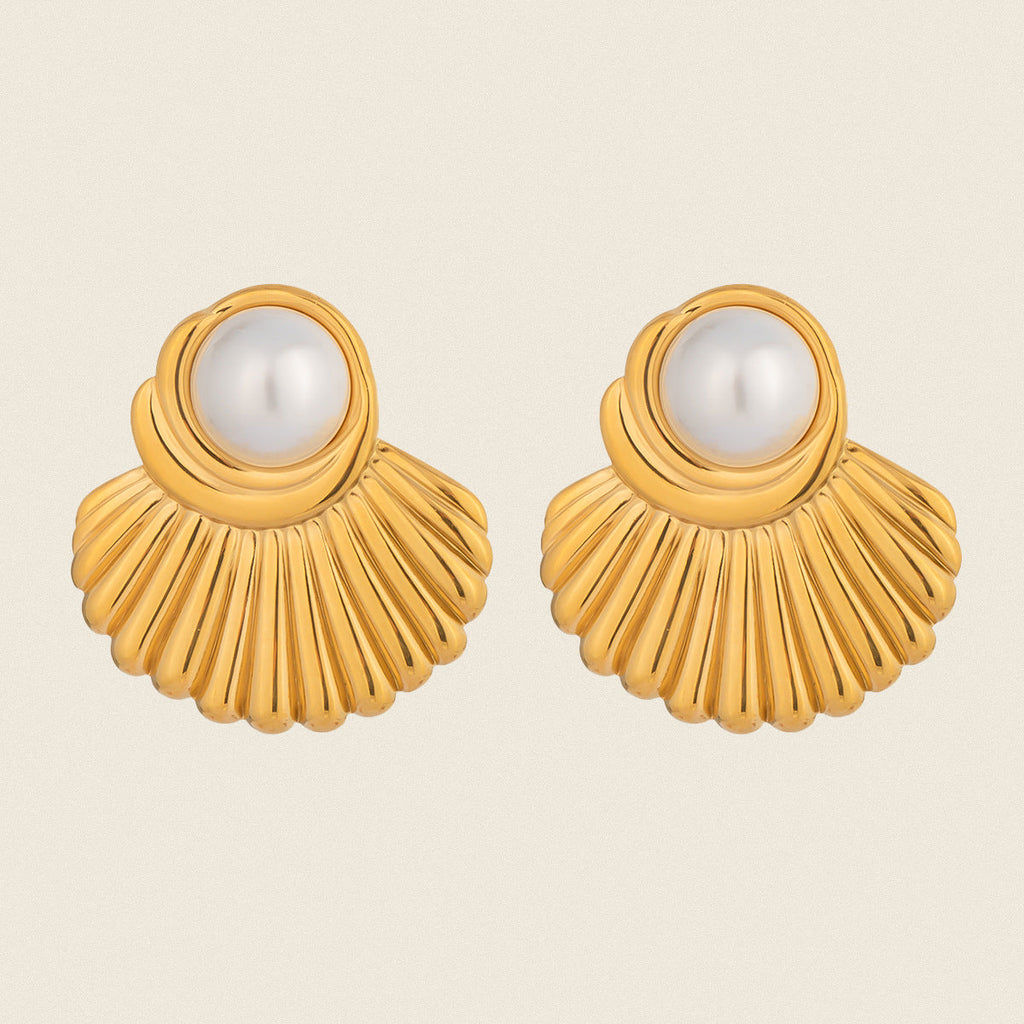 Fan-shaped Striped Stud Earrings For Women With Faux Pearl Inlay And Made Of Stainless Steel