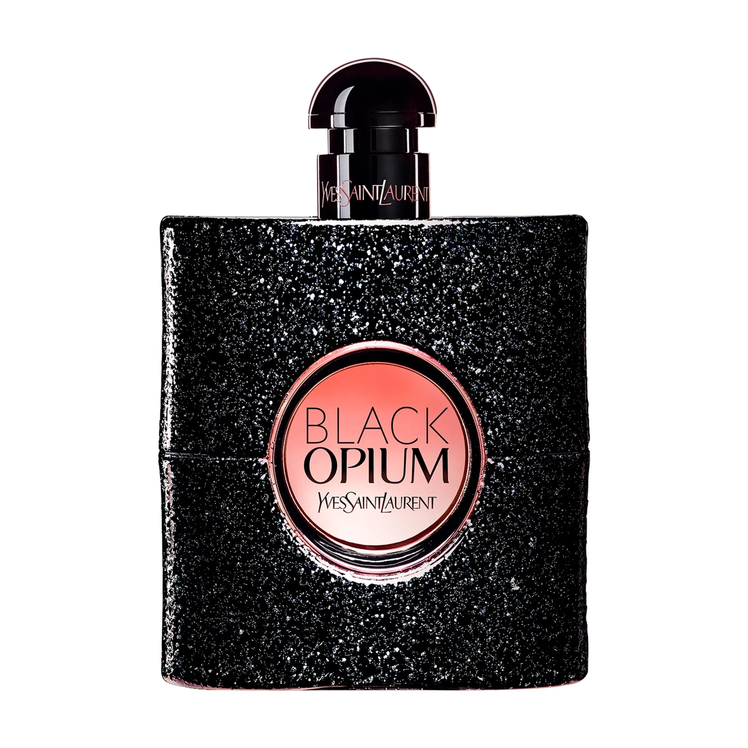 Bottle of Yves Saint Laurent Black Opium Eau de Parfum featuring a glittery black finish.