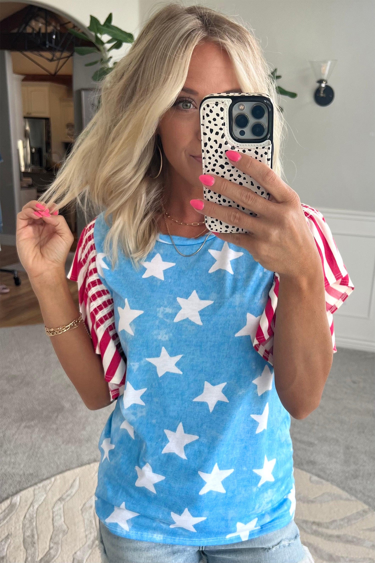 Sky Blue Star Print Striped Ruffle Sleeve Independence Day Top