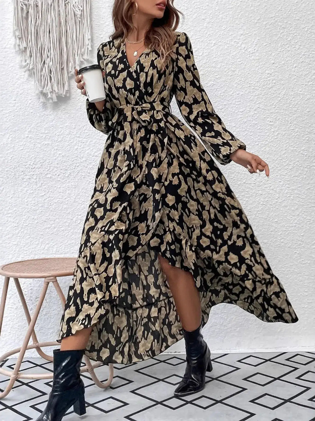 Leopard Surplice Balloon Sleeve Dress