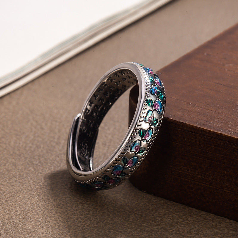 Seven-Color Traditional Enamel Sutra Ring With Apricot-Leaf Vine Pattern