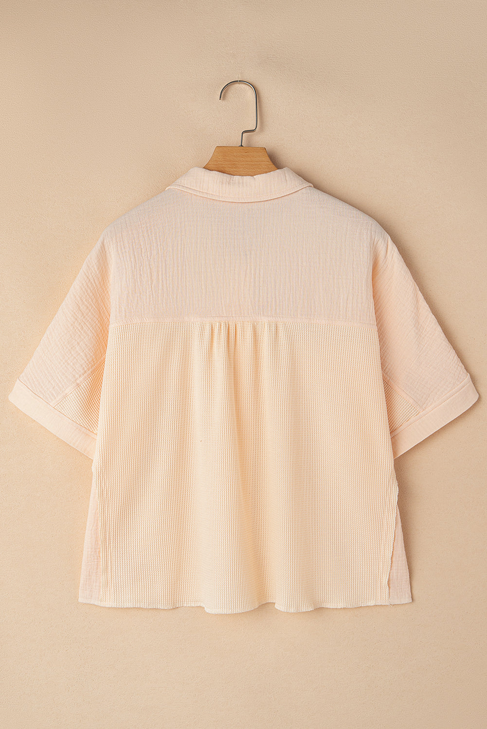 Beige Waffle Splicing Batwing Sleeve Shirt with Flap Detail
