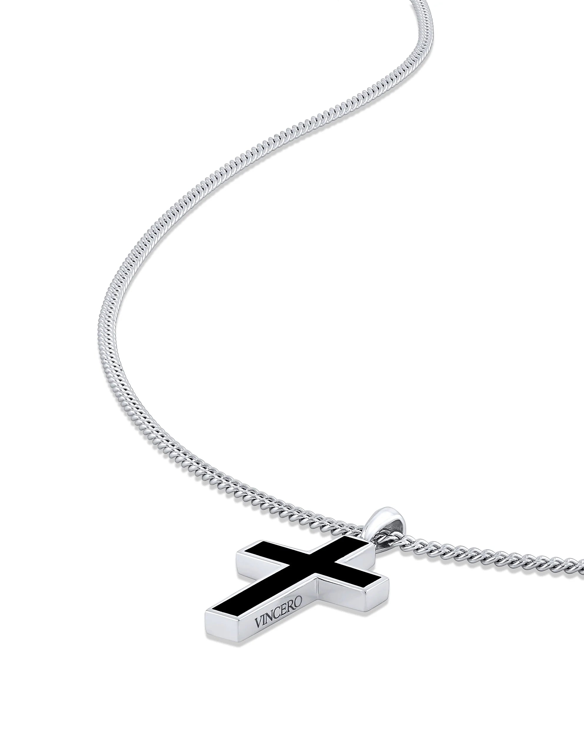 Sterling Silver Compass Pendant Necklace with Onyx Curb Chain Set