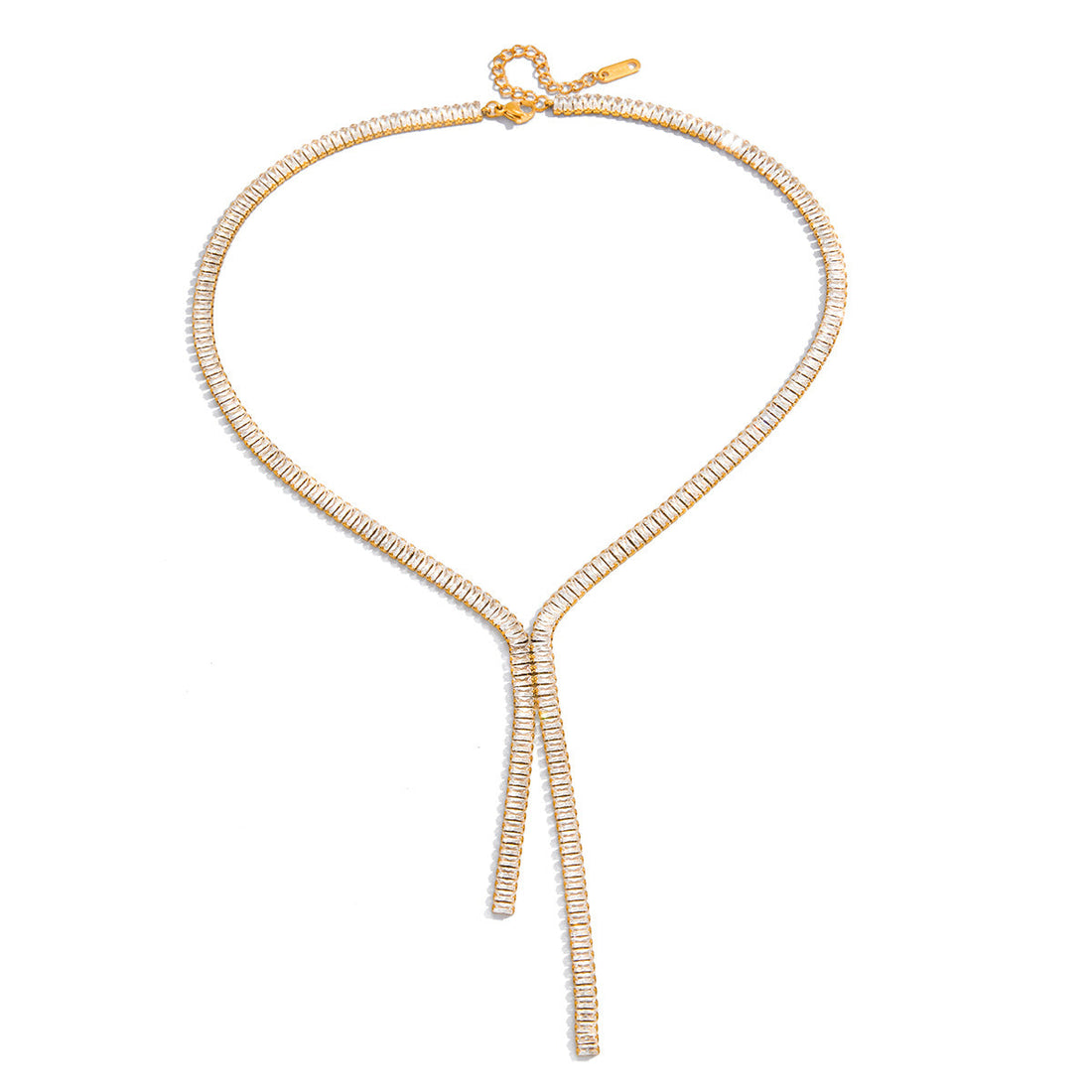 Modern Y-necklace in polished stainless steel with clear baguette-cut zircon stones