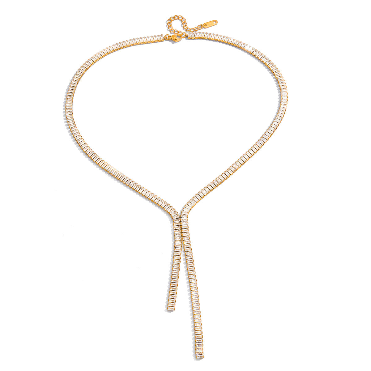 Modern Y-necklace in polished stainless steel with clear baguette-cut zircon stones