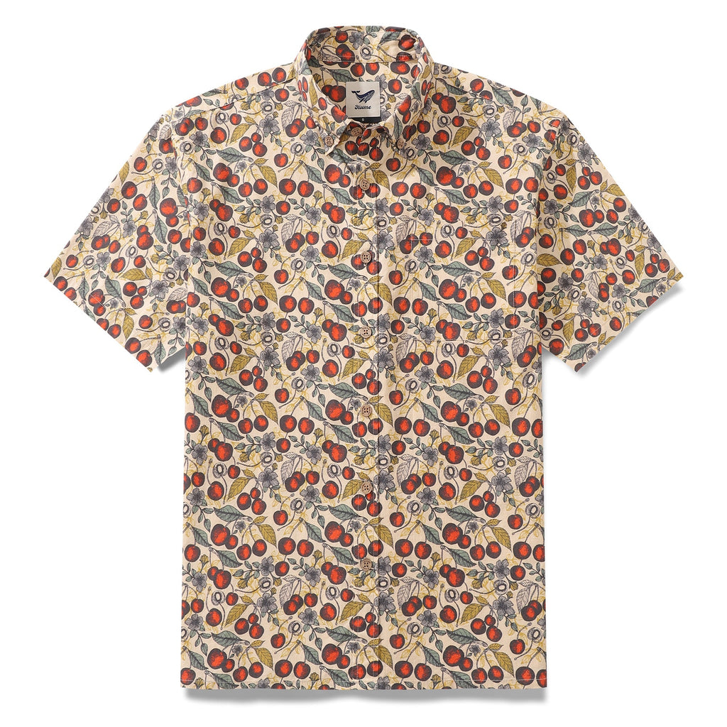 Men's cotton Hawaiian shirt with a unique hand-drawn Cherry Flavor vintage print.