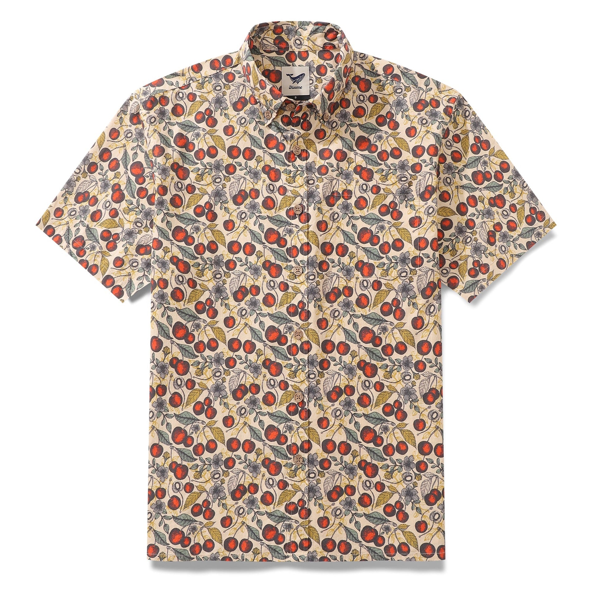 Men's cotton Hawaiian shirt with a unique hand-drawn Cherry Flavor vintage print.