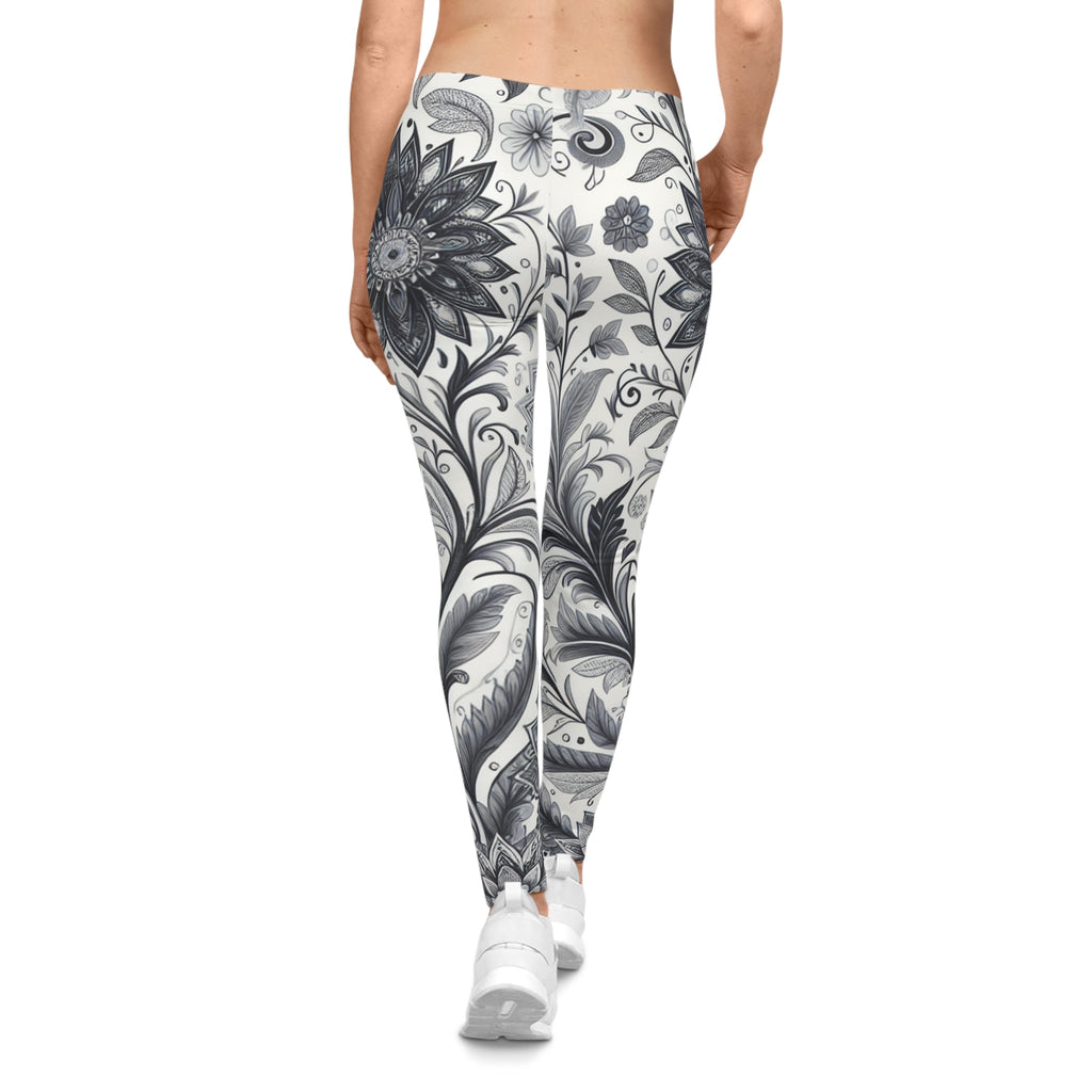 Women's High-Rise Floral Leggings, Black and White Athletic Pants