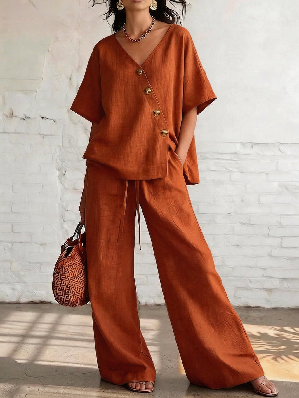 Women's V-Neck Cotton-Linen Top and Wide-Leg Pants Set - Image 8