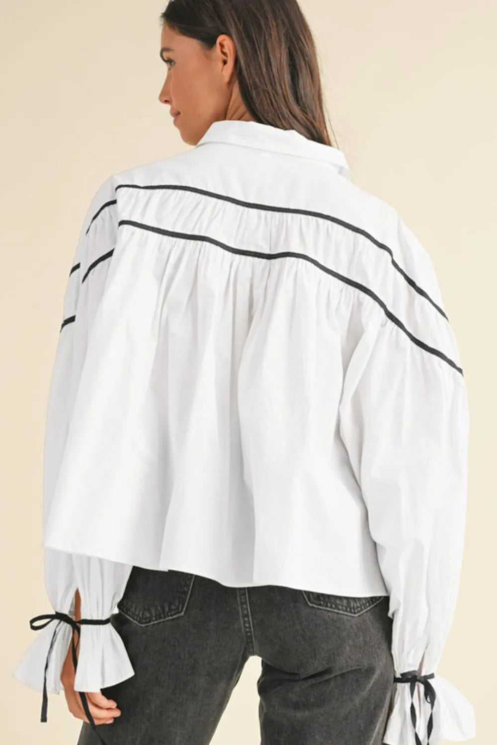 White Ribbon Bowtie Collared Blouse with Flounce Sleeves - Image 4