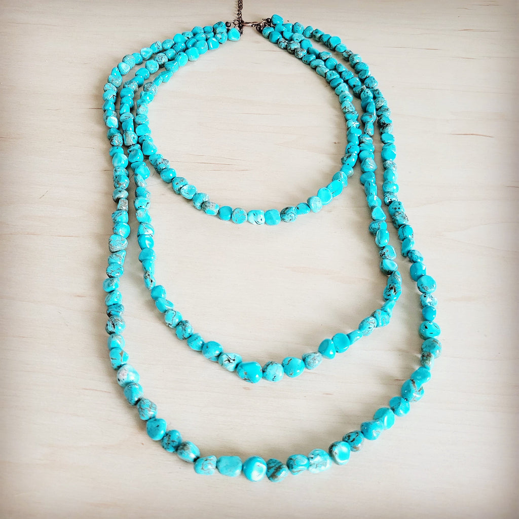 Triple Strand Layered Western Boho Small Dyed Turquoise Necklace 263p