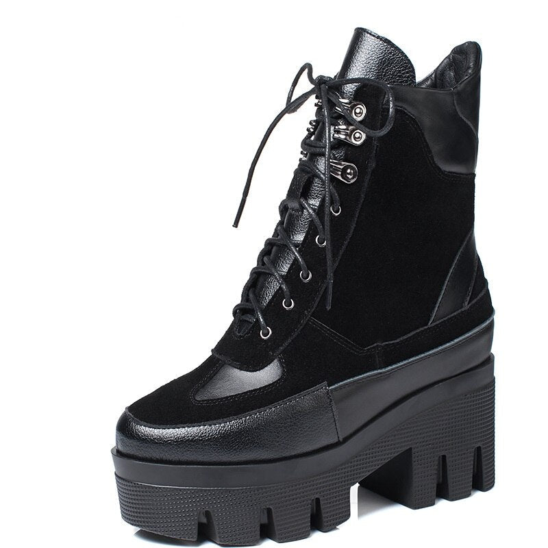 Women's Black Cow Leather Chunky Platform Lace-Up Ankle Boots - Image 9