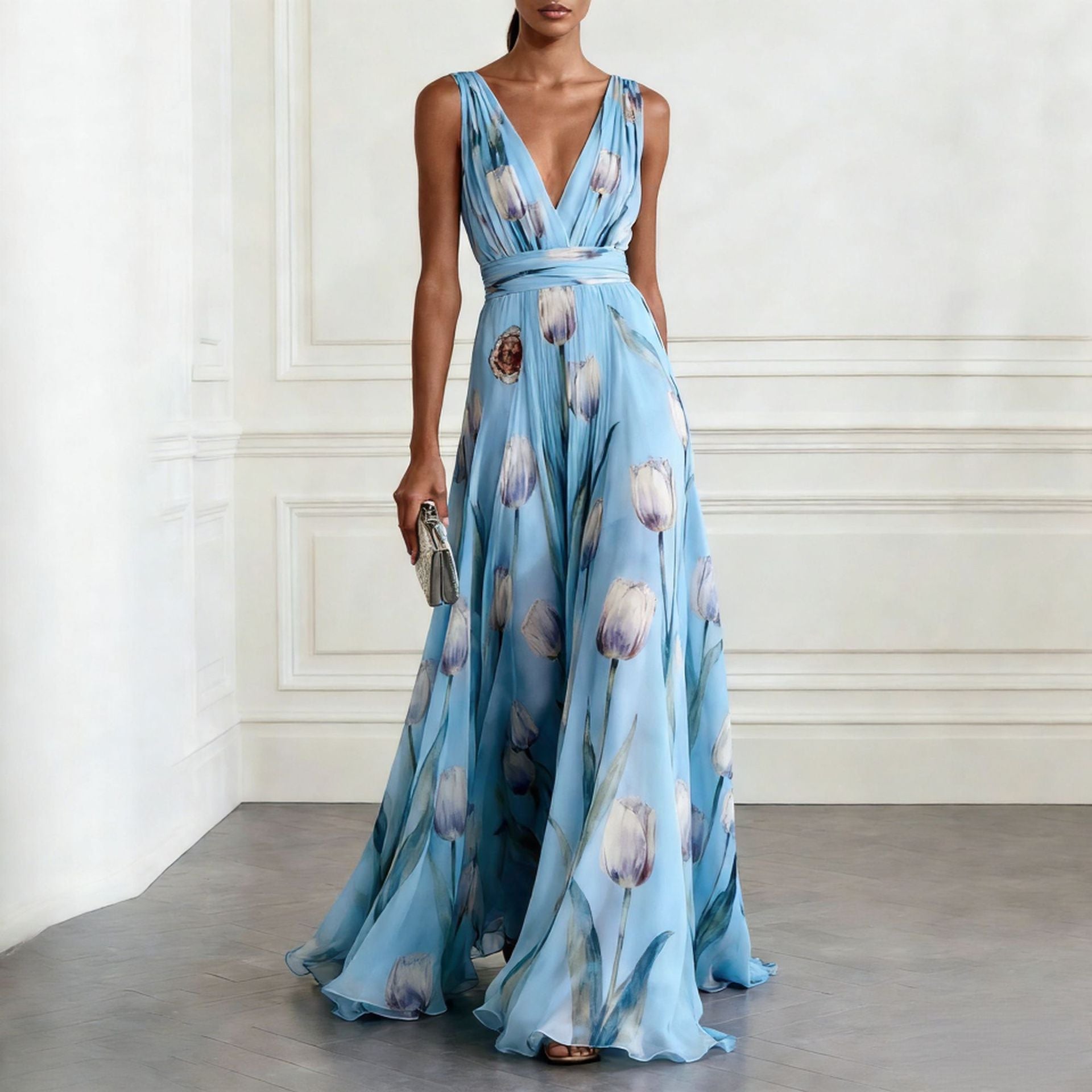 Tulip Print V-Neck Sleeveless Maxi Dress in Chiffon