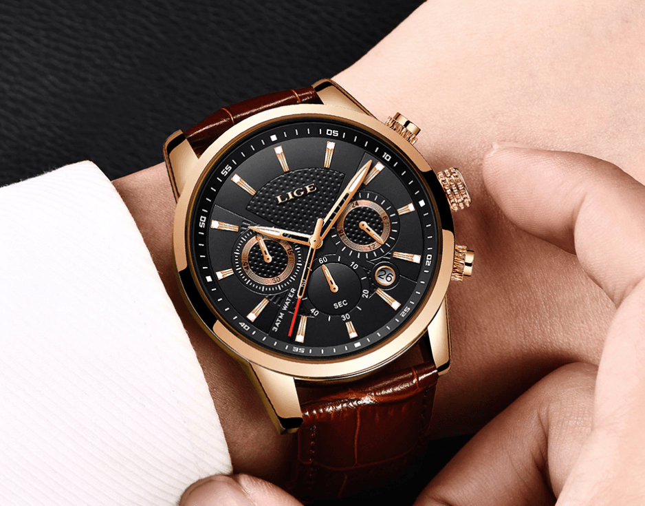 Men's Waterproof Chronograph Sport Watch with Leather Strap