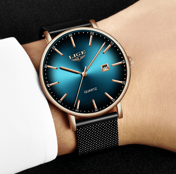 LIGE Men's Elegant Stainless Steel Dress Watch with Date Display