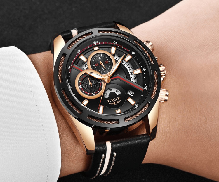 Men's Waterproof Chronograph Sports Watch with Leather Strap