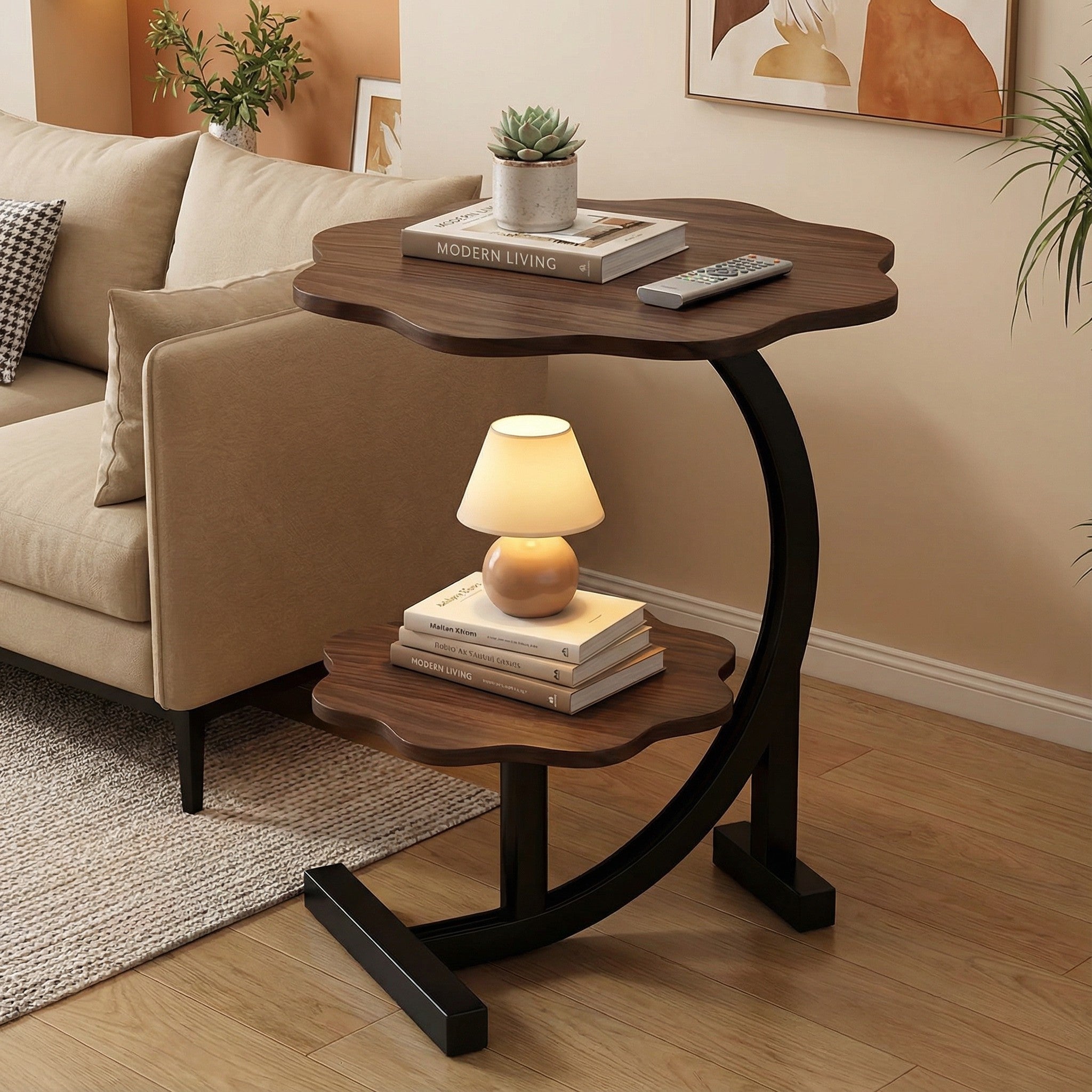 Modern Round Side Table with Wrought Iron Base for Living Room