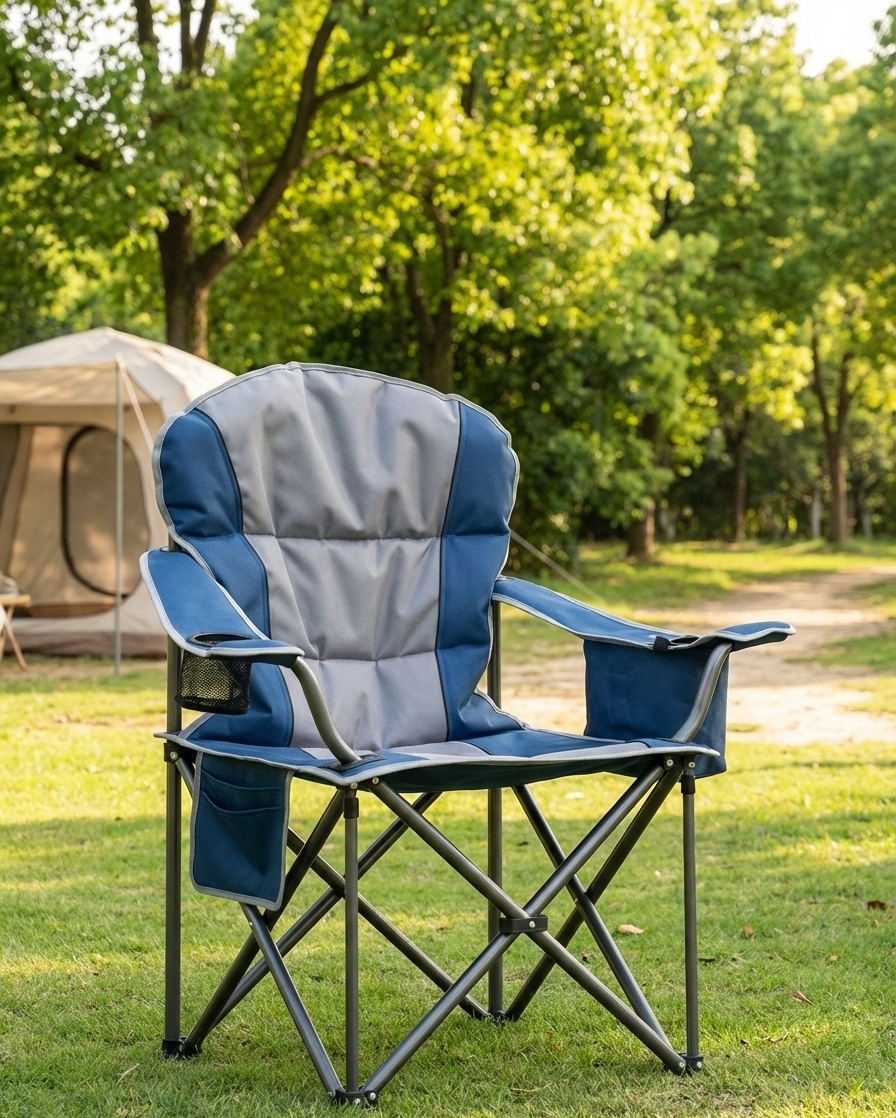 Heavy duty 500 lbs capacity folding camping chair with integrated cup holder and cooler bag