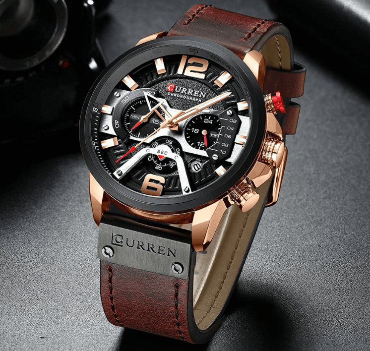Men's Waterproof Sports Chronograph Watch with Leather Strap