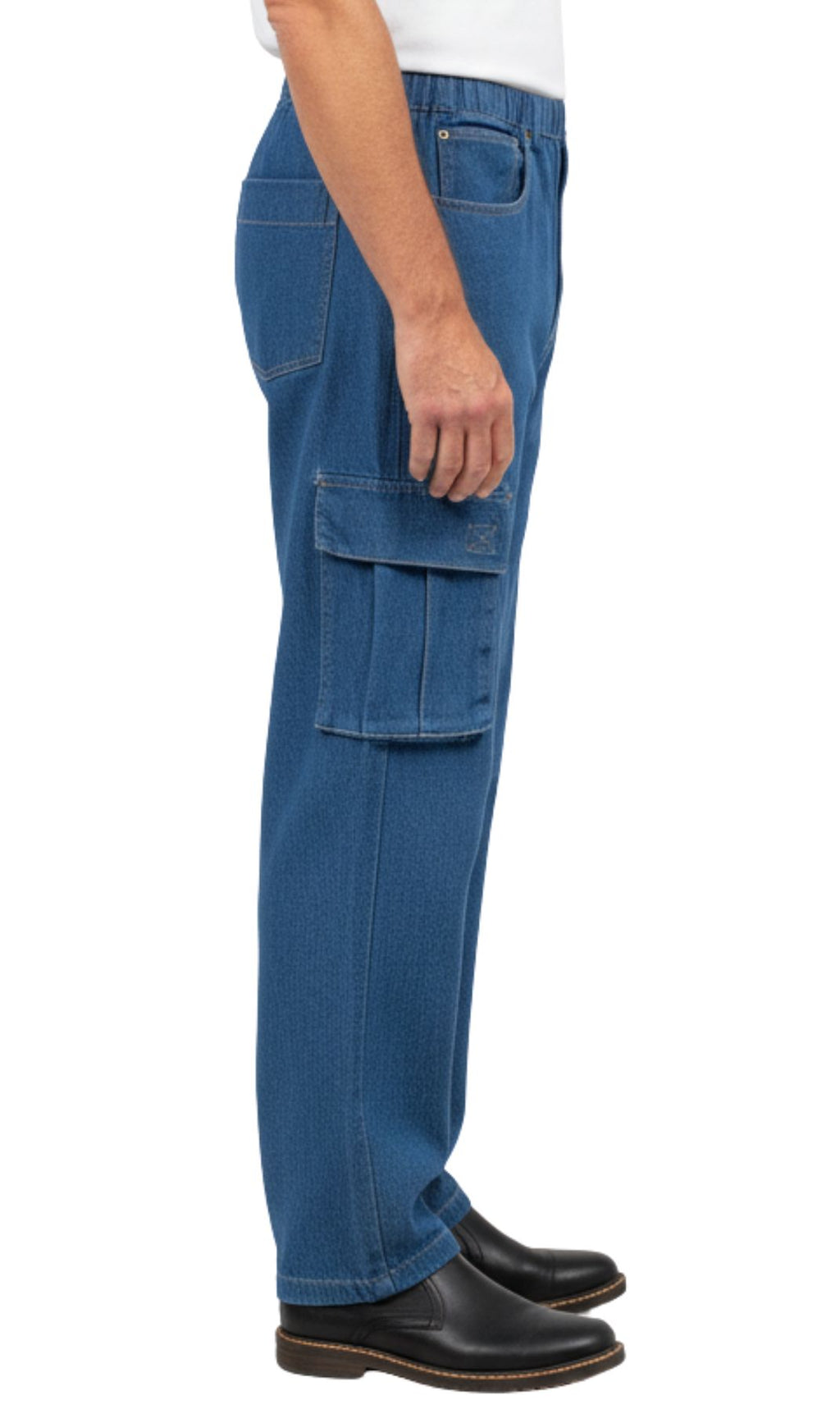 Men's Relaxed Pull-On Denim Cargo Jeans in Medium Blue