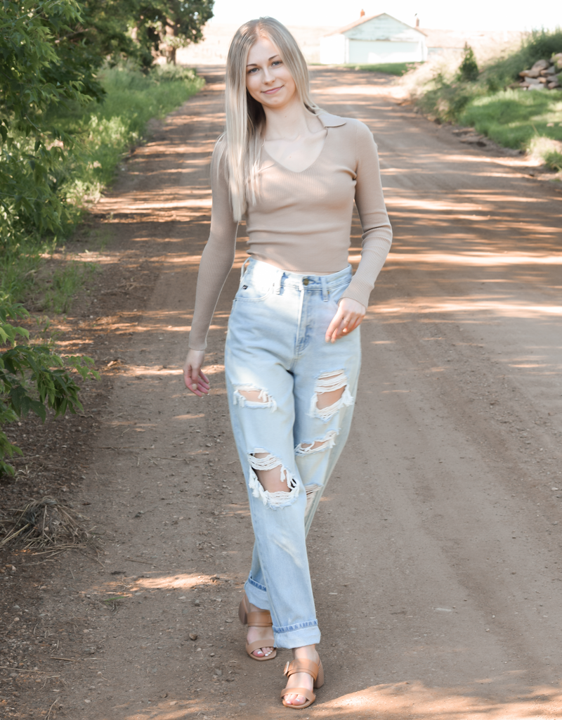 Collared V Neck Sweater Top in Taupe - Soft Knit Pullover