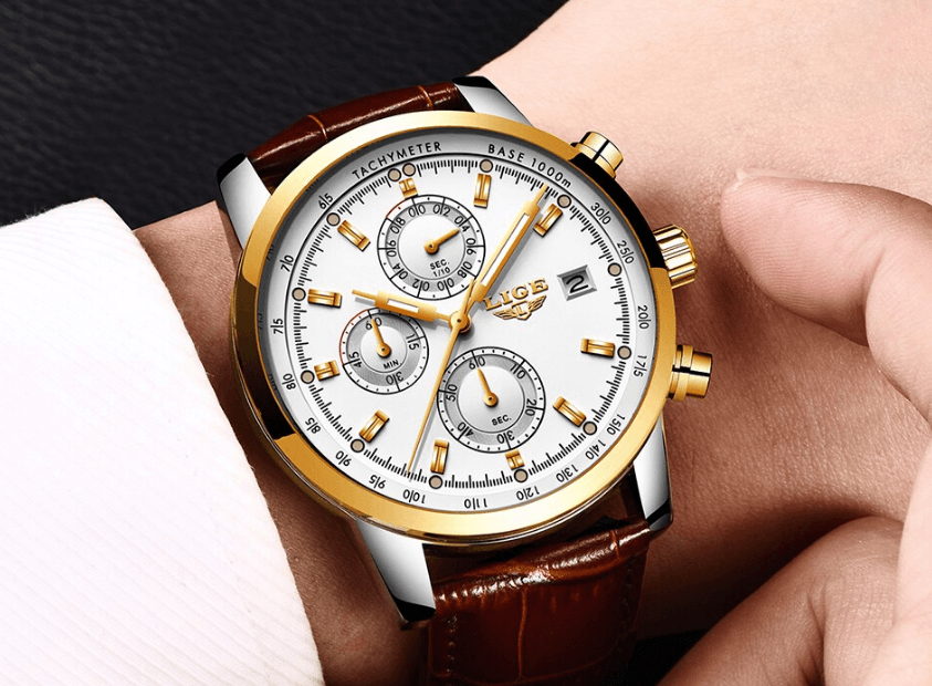 Waterproof Men's Quartz Watch with Chronometers and Brown Strap