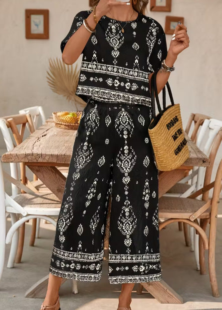 Women's Ethnic Print Two-Piece Crop Top and Straight-Leg Pants Set - Image 7
