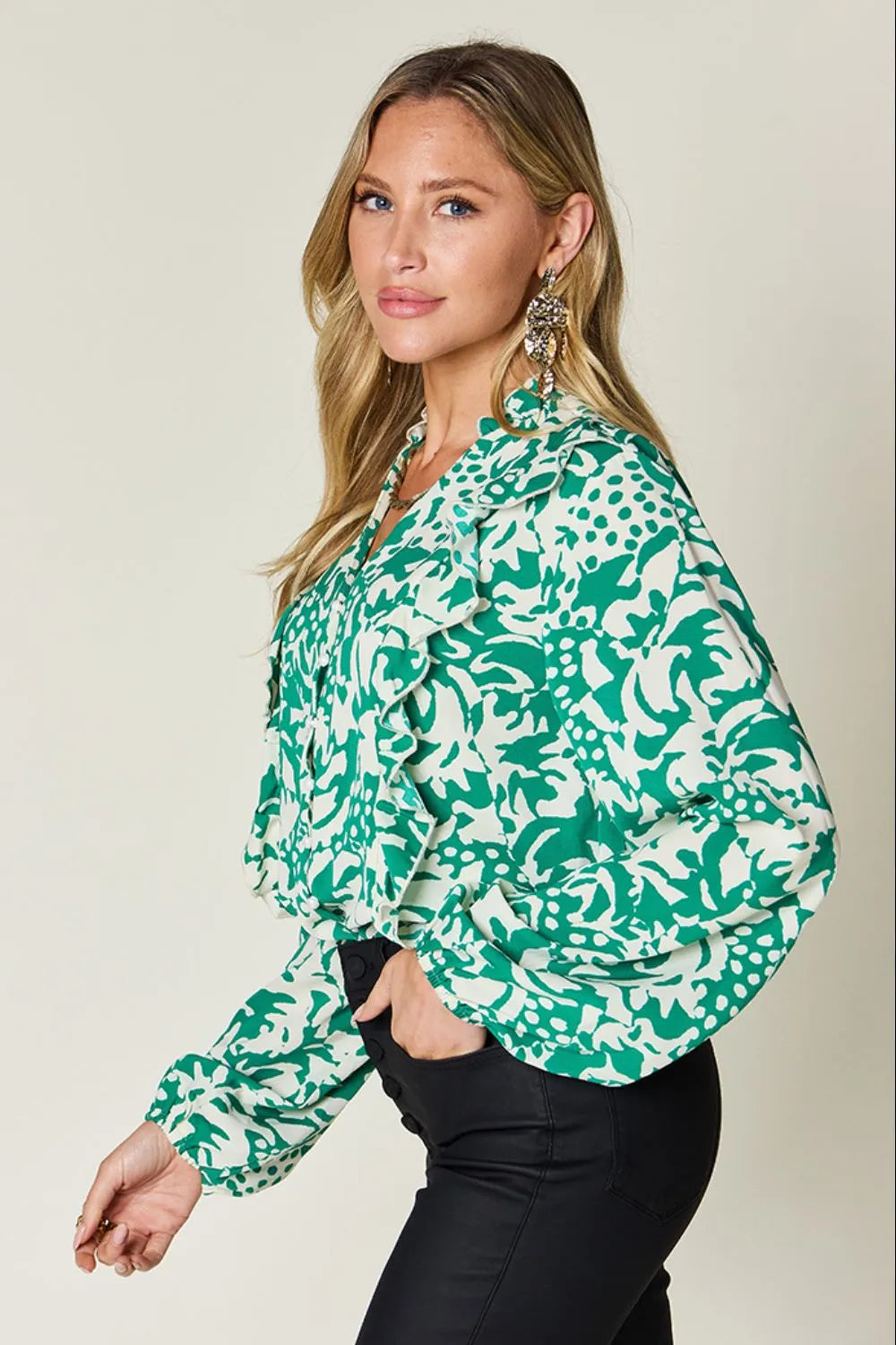 Printed Ruffle Trim Balloon Sleeve Shirt | Buttoned Blouse