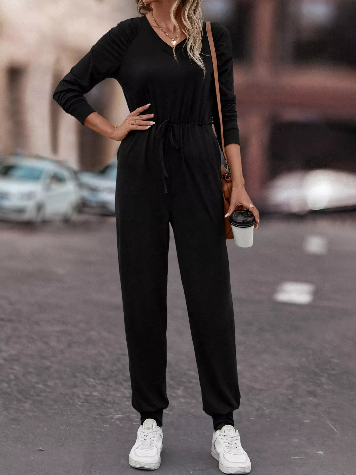 Casual Long Sleeve Drawstring Waist Jumpsuit
