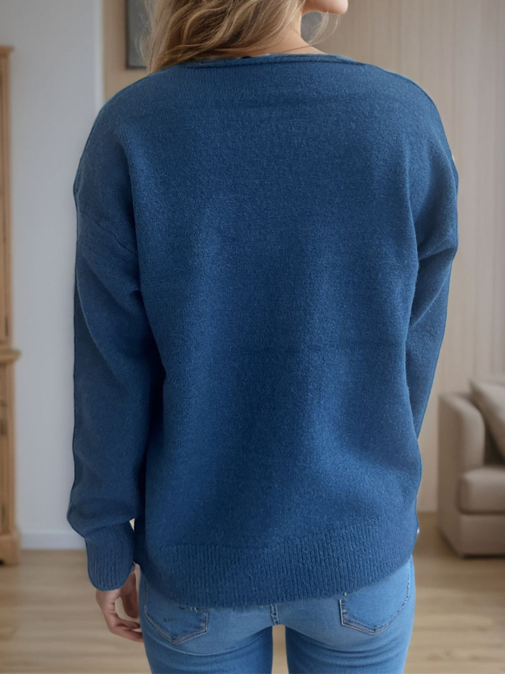 Women's V-Neck Dropped Shoulder Long Sleeve Knit Sweater - Image 6