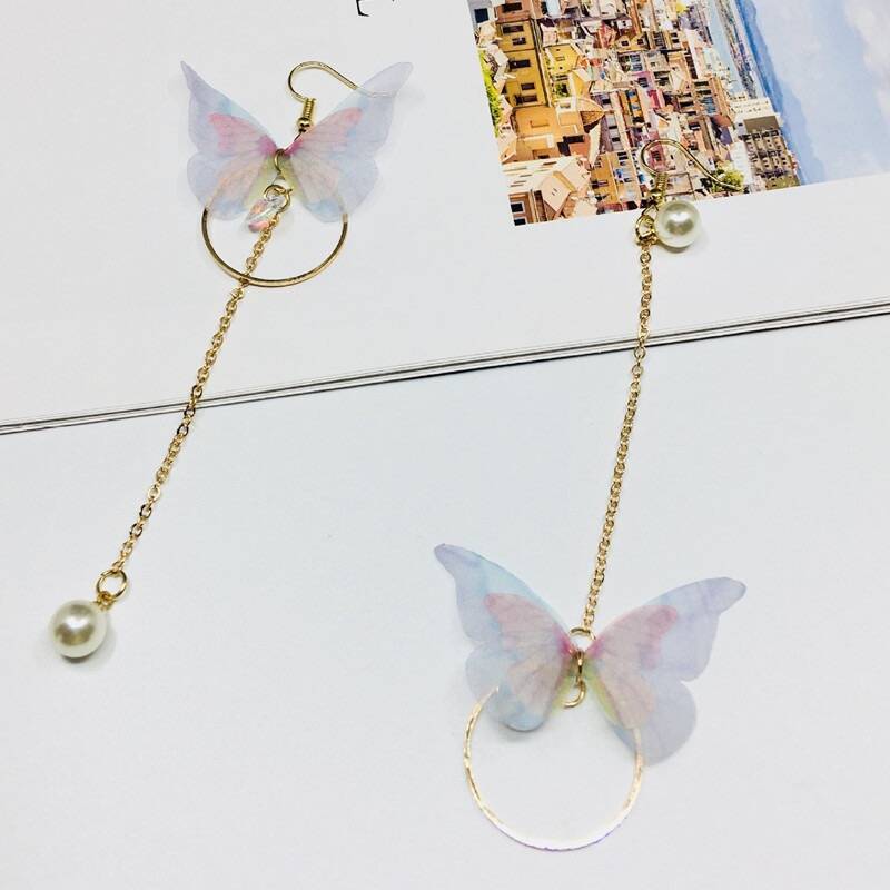 Vibrant Purple Asymmetric Butterfly Earrings Long Retro Style