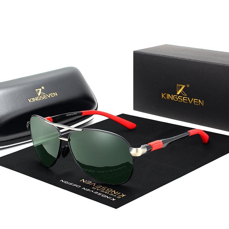 Men's polarized aluminum frame pilot sunglasses in black, silver, and red