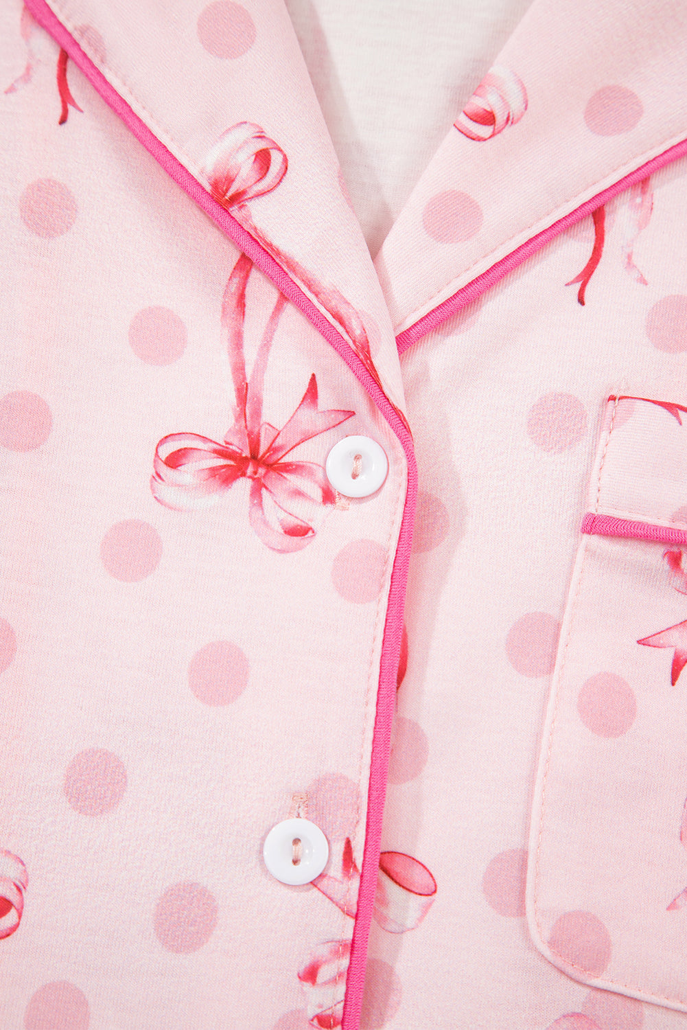 Pink Bow Print Contrast Piping Short Pajamas Set
