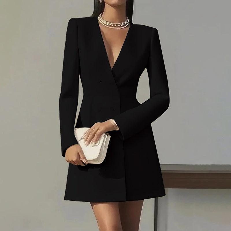 Deep V-Neck Double-Breasted Blazer Dress A-Line Mini - Image 8