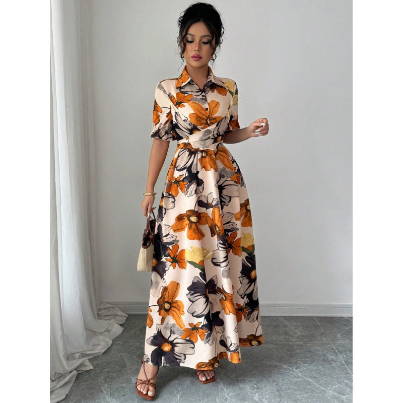 Women’s Printed Puff Sleeve Midi Dress with Cross-Tie Waist - Image 5