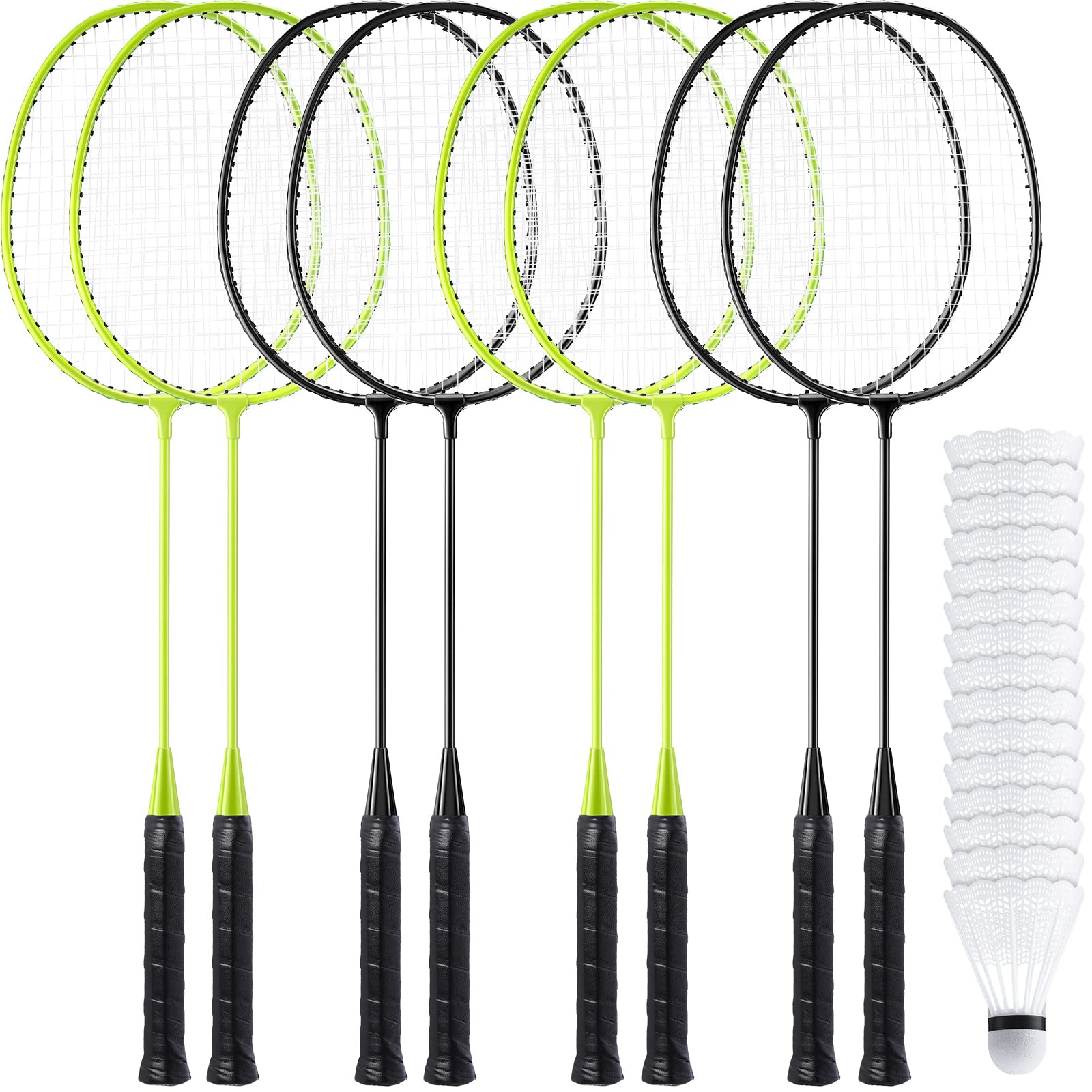 woanger 8 Packs Badminton Rackets Set with 12 Badminton Racquets for Adult and Teenagers Badminton Set for Backyard Gym Beach Outdoor Games(Green Black)