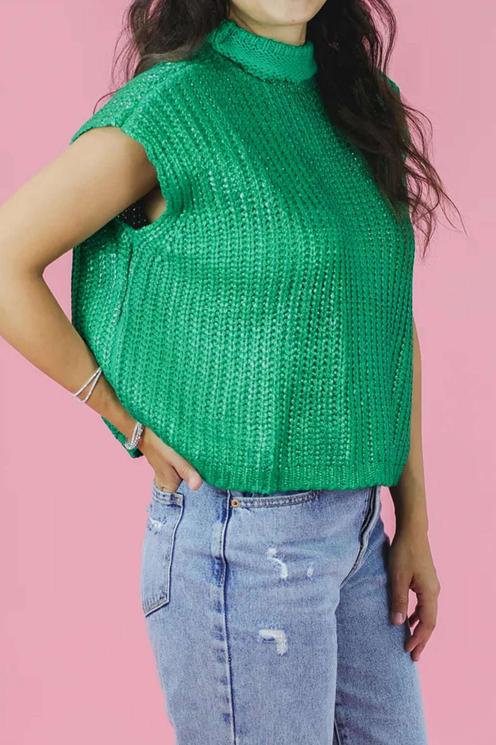 Solid Mock Neck Short Sleeve Knit Sweater