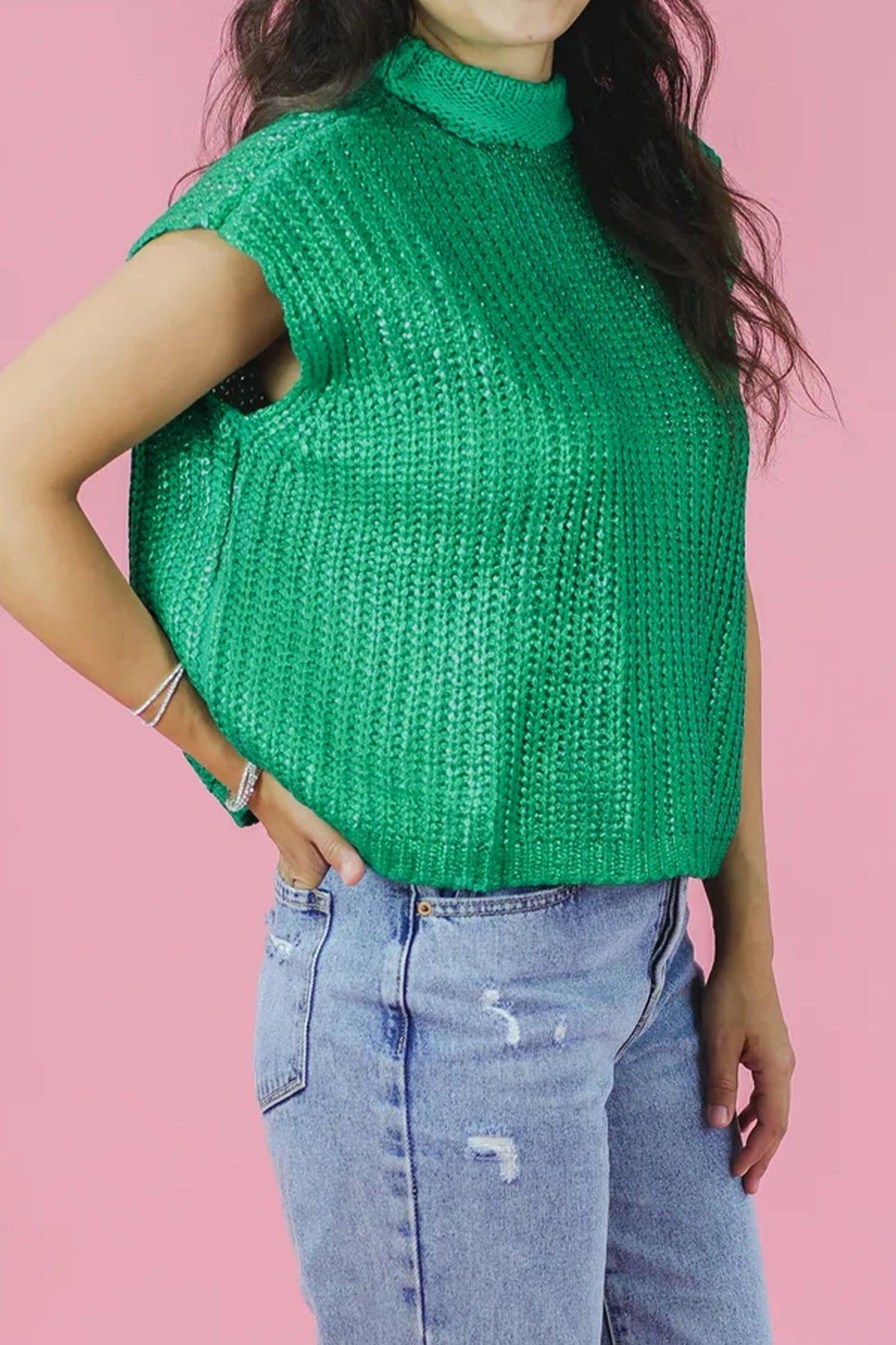 Solid Mock Neck Short Sleeve Knit Sweater