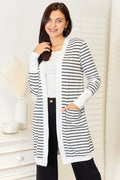 Striped Open Front Longline Cardigan with Pockets