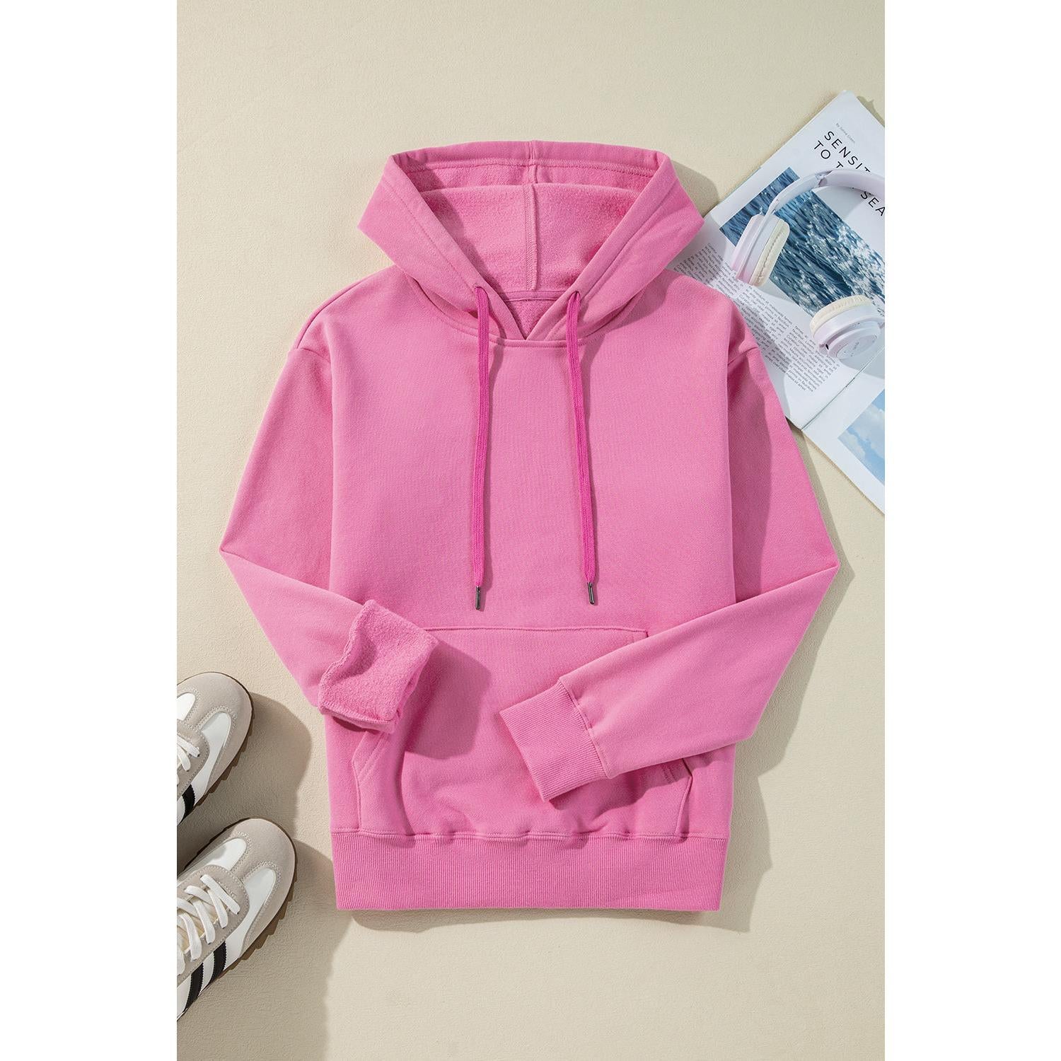 Bonbon Solid Color Fleece Lined Drawstring Hoodie with Pocket