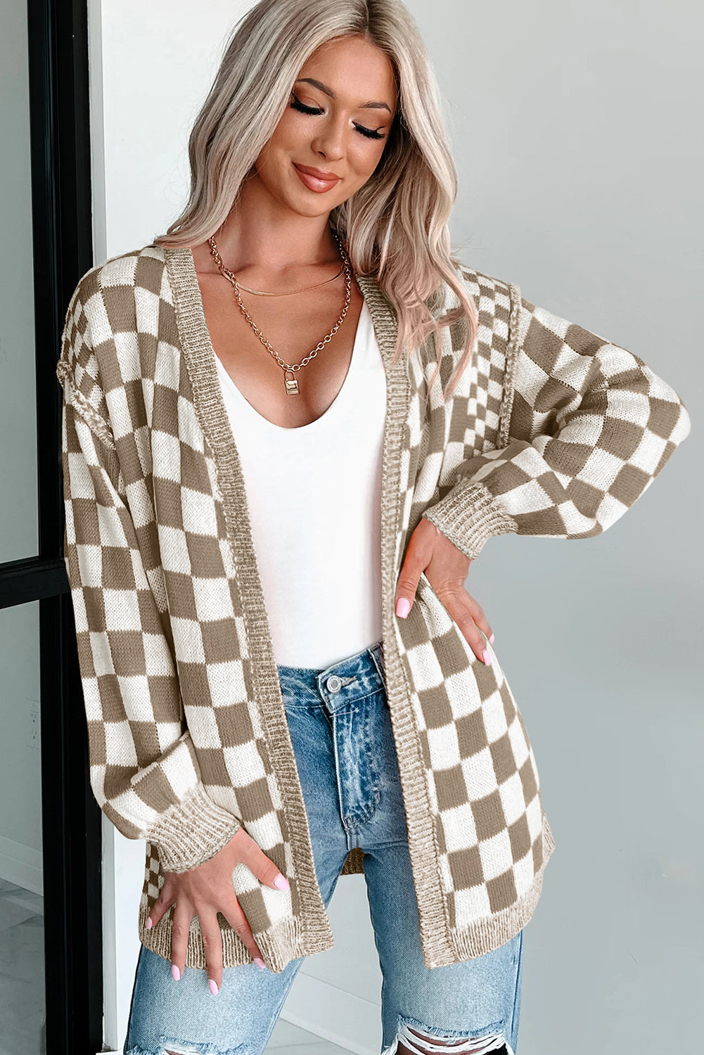 Brown Checkered Open Front Drop Shoulder Cardigan