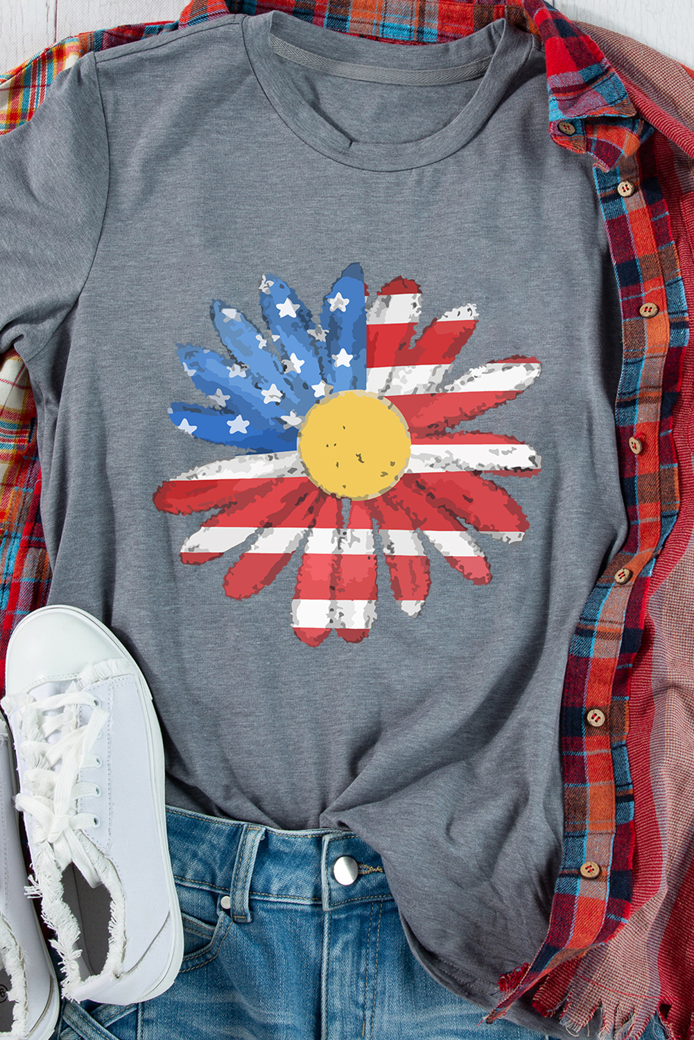 Gray Flag Pattern Sunflower Graphic Crew Neck Casual T-Shirt