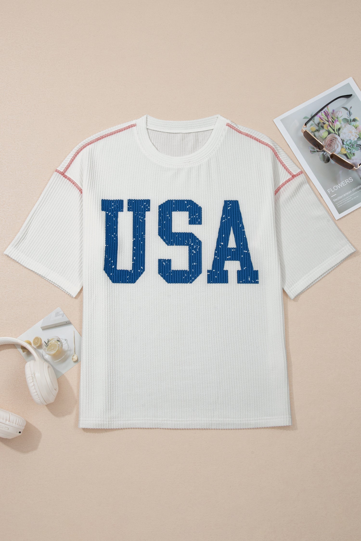 USA Graphic Corded Knit Short Sleeve Tee in Light Blue - Image 4