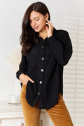 Waffle-Knit Collared Neck Dropped Shoulder Shirt Black