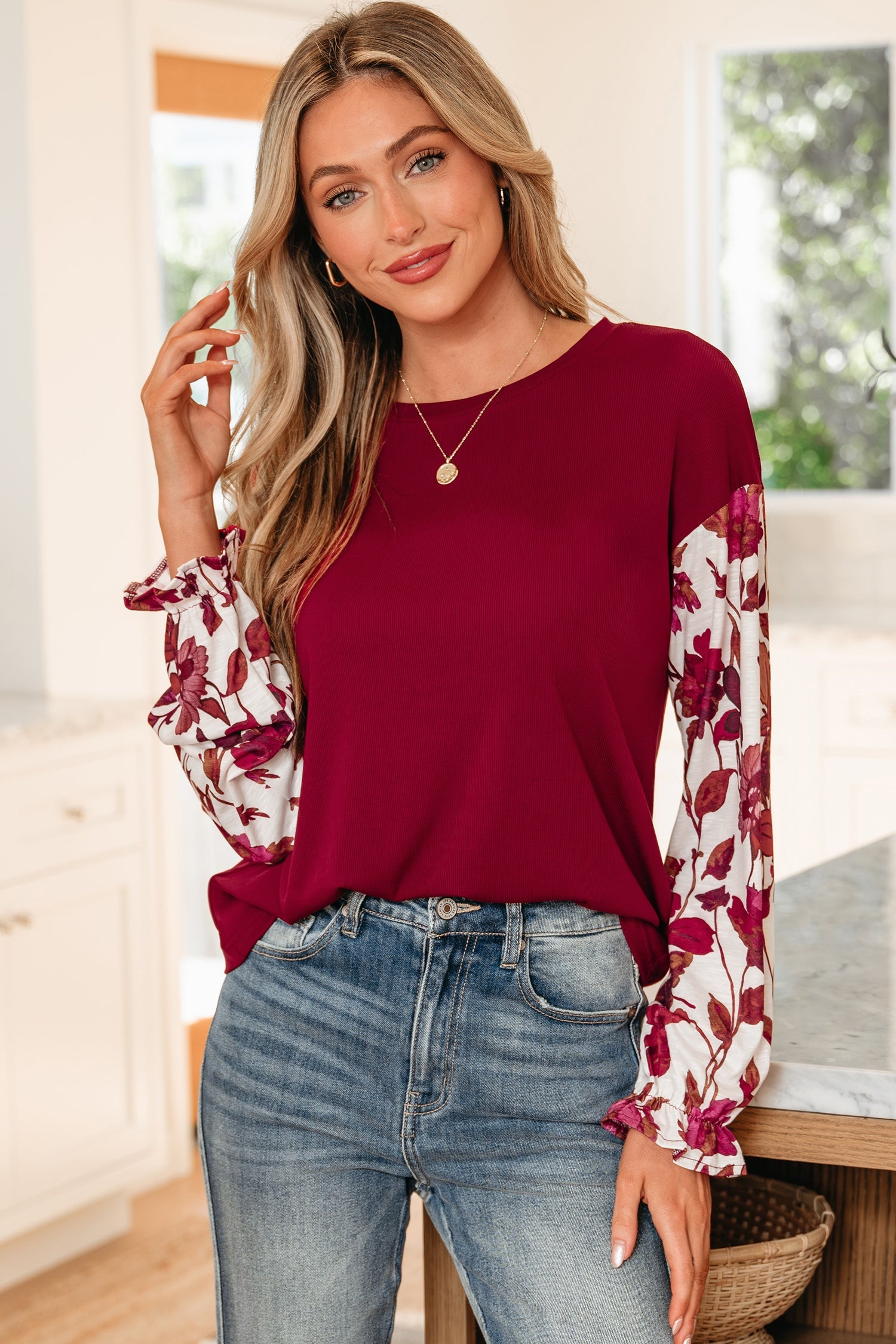 Wild Ginger Contrast Floral Sleeve Solid Ribbed Long Sleeve Top