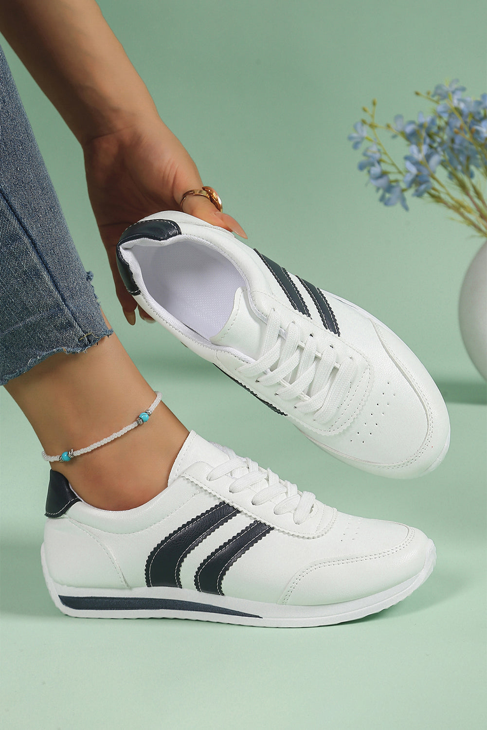 White Striped Lace Up Casual Sneakers with Contrast Detail