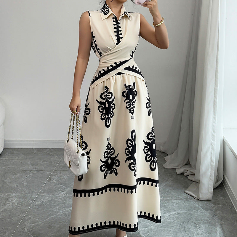 Sleeveless Floral Blouse and Lace-Up Mid-Length Skirt Set