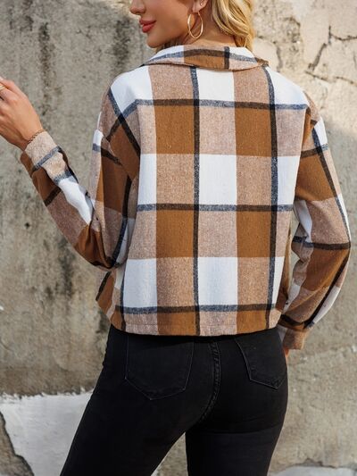 Women Brown Plaid Collared Cropped Jacket Chic Outerwear