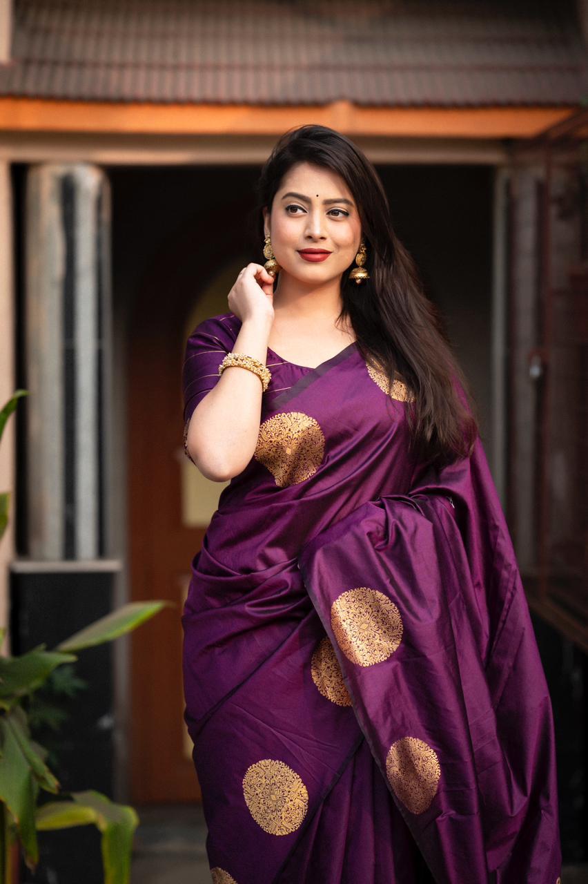 Purple Silk Woven Saree with Zari Butta and Unstitched Blouse