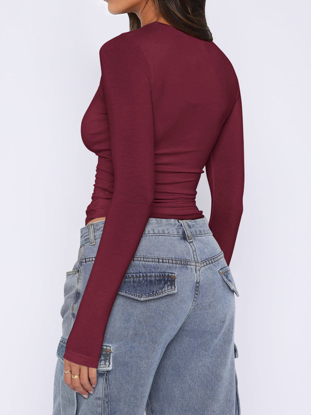 Ruched Asymmetrical Neck Long Sleeve T-Shirt in Slim Fit - Image 6